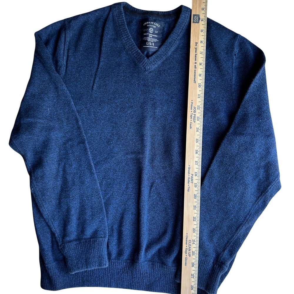 American Eagle V Neck Sweater Mens Large Blue Marled Cotton Pullover Knit